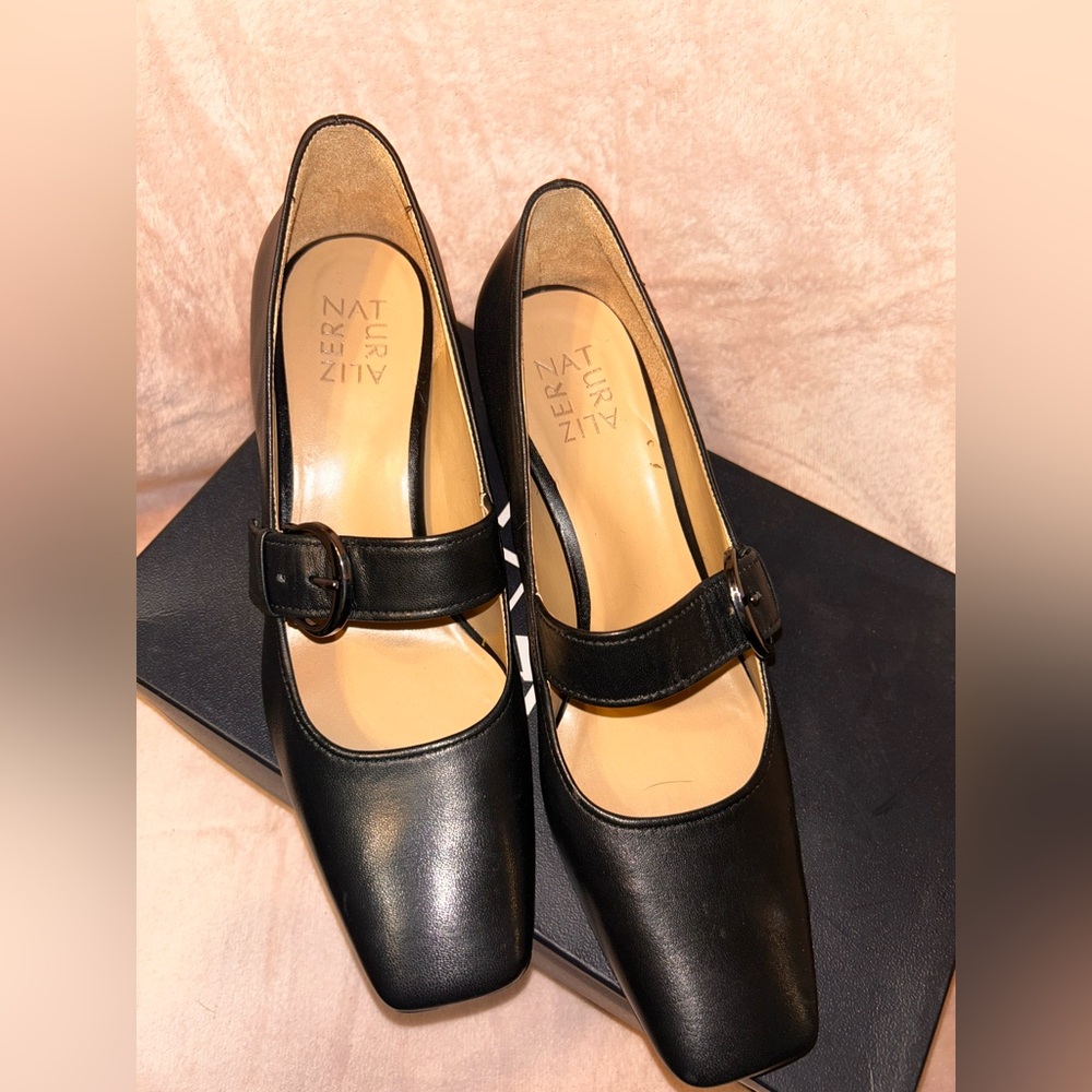 Aris Black Leather Mary Jane Block Heel Mules
